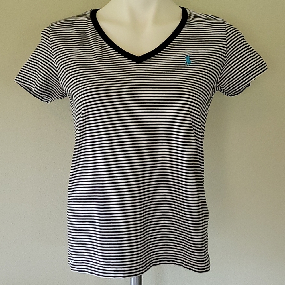 Ralph Lauren Black White Striped V Neck T Shirt Medium